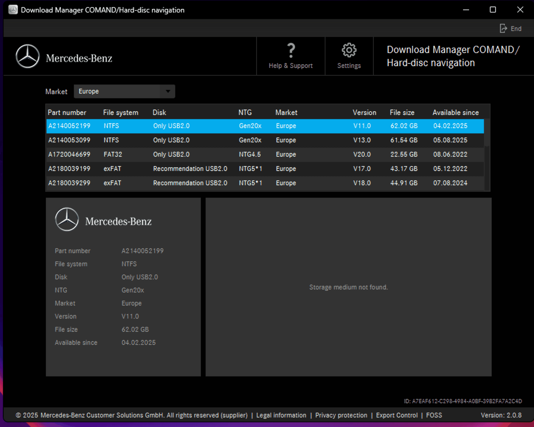 Mercedes Download Manager interface showing a navigation map update for COMAND